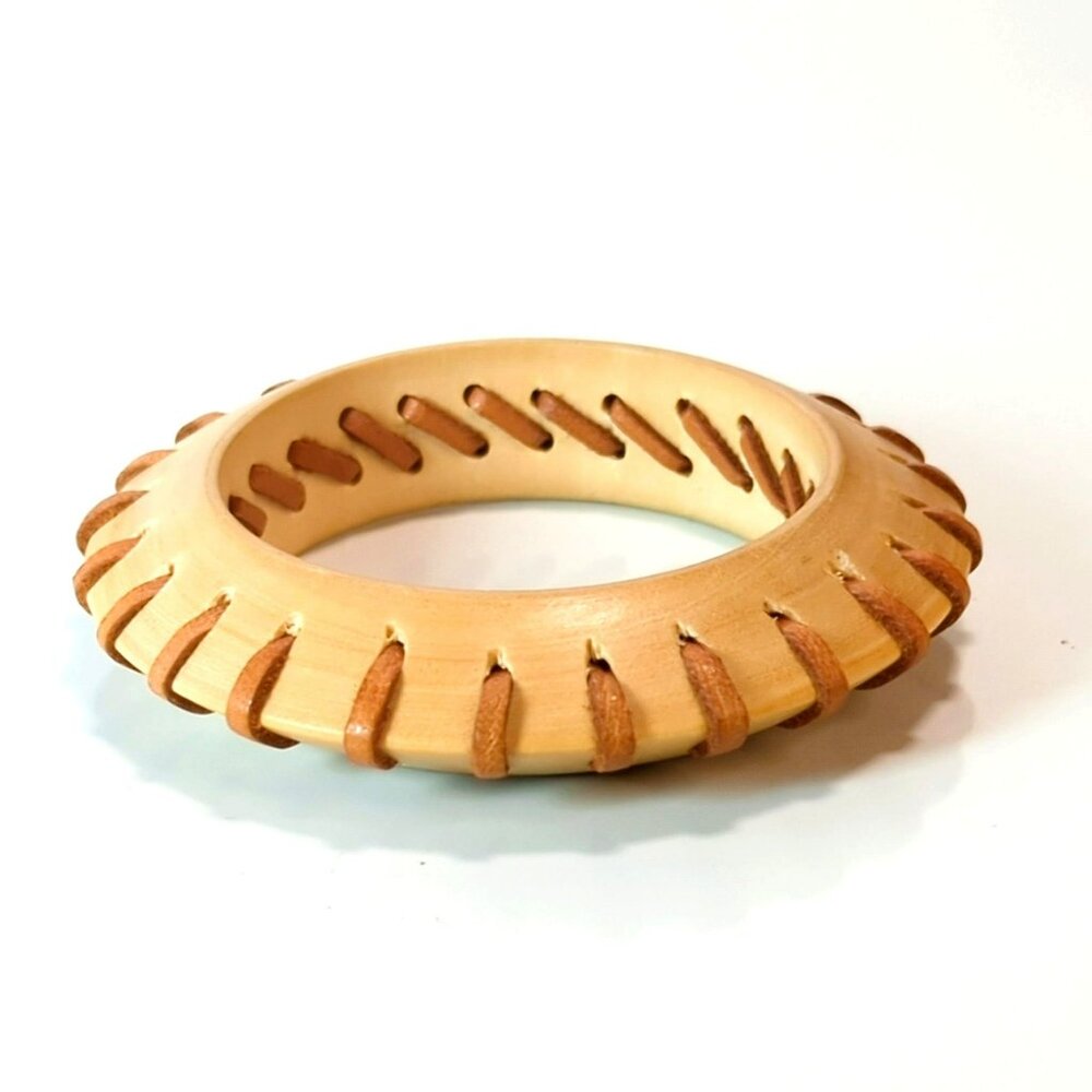 OOAK Handcrafted Maple Wood Leather Bangle Bracelet Rustic Boho Artisan Jewelry